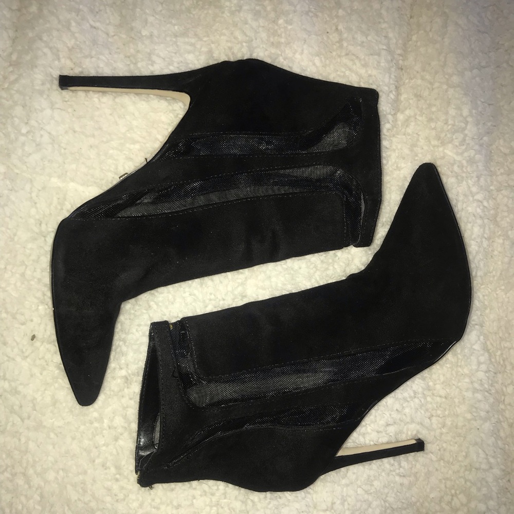 Black mesh trimmed ankle booties